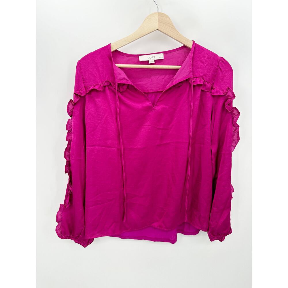 LOFT Top Women XS PETITE Pink Magenta Tie Neck Long Sleeve Ruffle